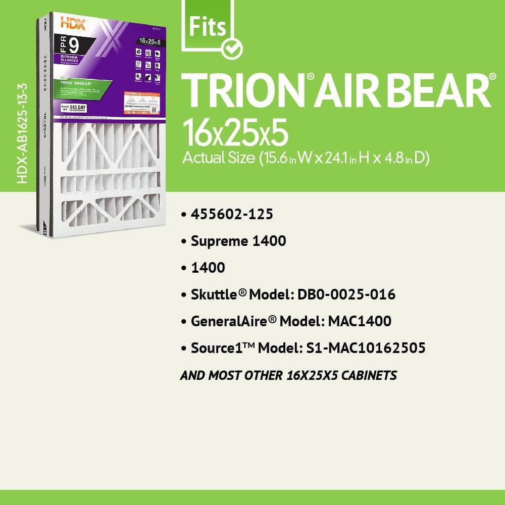 16 in. x 25 in. x 5 in. Trion AirBear Replacement Pleated Air Filter FPR 9, MERV 13 - Hercitys