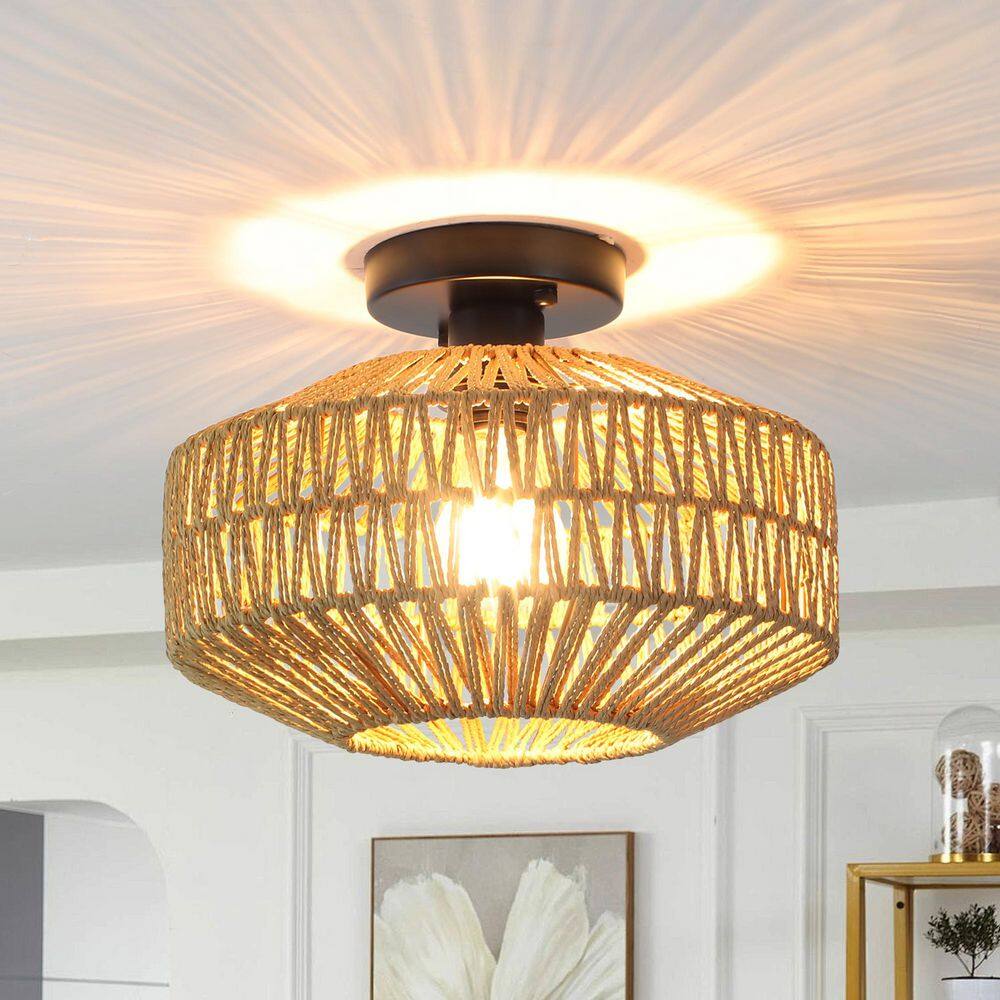 11.81 in. 3-Light Black Brown Farmhouse Semi-Flush Mount Light with Hemp Ropes Shade and No Bulbs Included - Hercitys