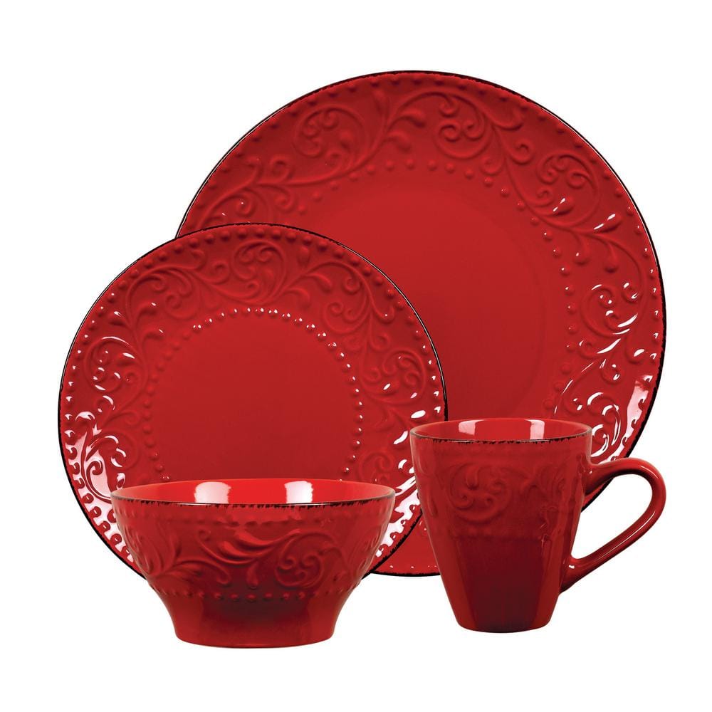 16-Piece Stoneware Scroll Dinnerware Set-Red - Hercitys