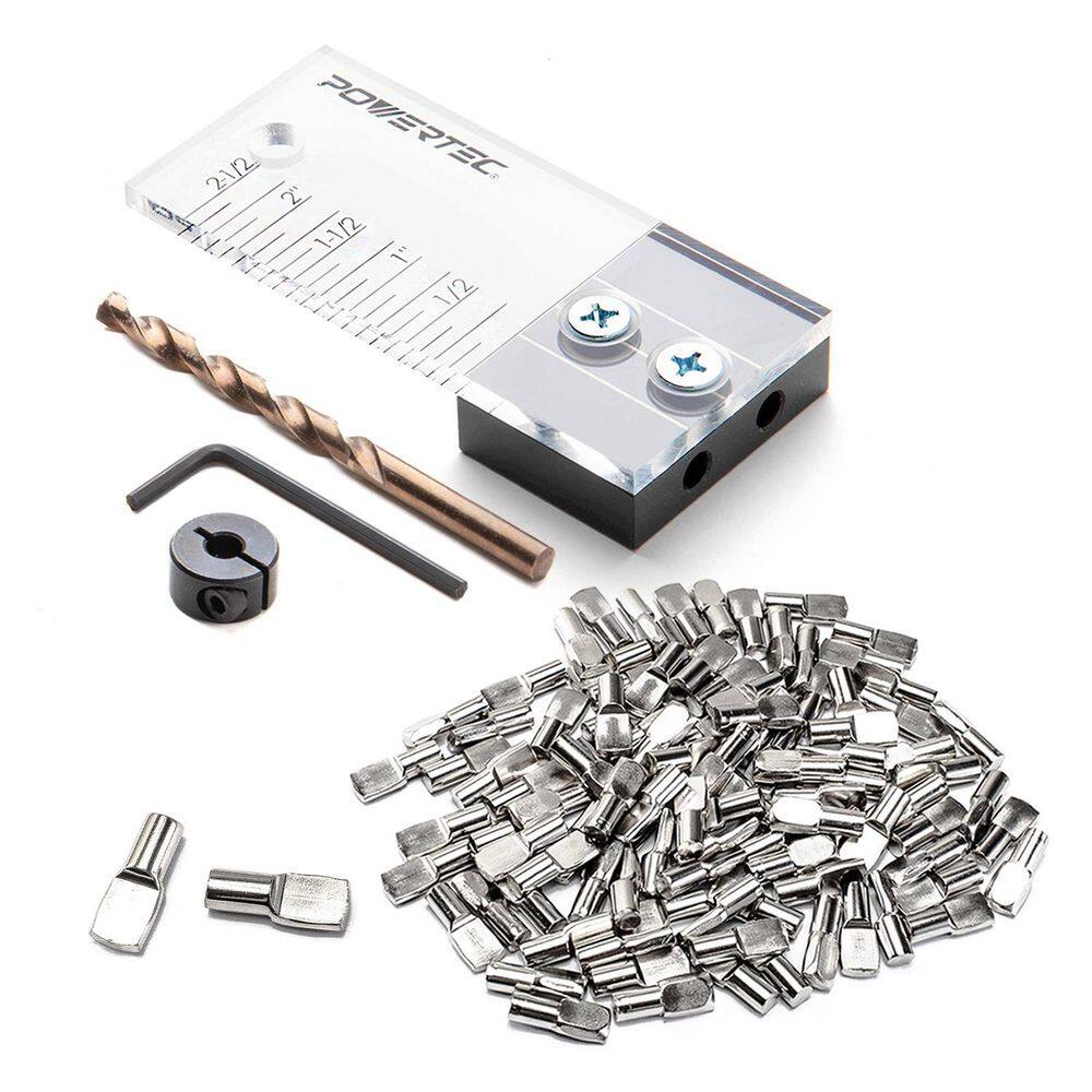 1/4 in. Dowel Drilling Jig W/ Alignment Marker, Cobalt Drill Bit, Split Ring Stop Collar and 1/4 in. Silver Shelf Pins - Hercitys