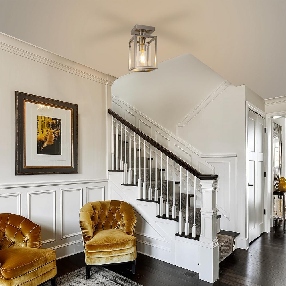 5.51 in. Nickel 1-Light Farmhouse Cage Semi Flush Mount Ceiling Light with Glass Shade for Living Room, Bedroom - Hercitys