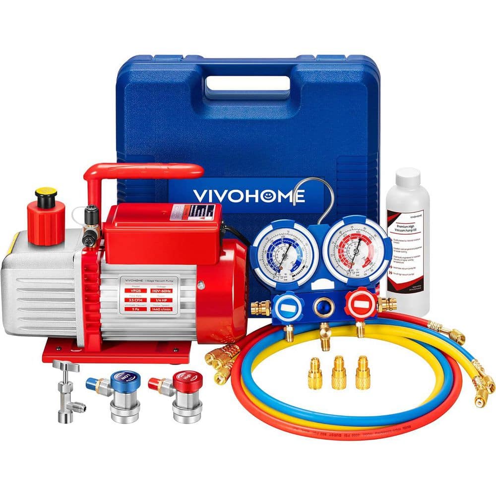 110-Volt 1/4 HP 3.5 CFM Single Stage Rotary Vane Red Air Vacuum Pump Kit with AC Manifold Gauge - Hercitys