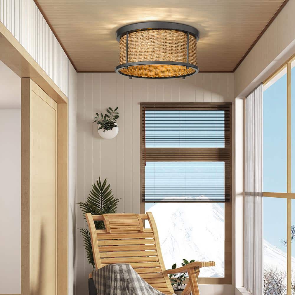 11.75 in. 2-Light Natural Bohemian Rattan Flush Mount Ceiling Light - Hercitys