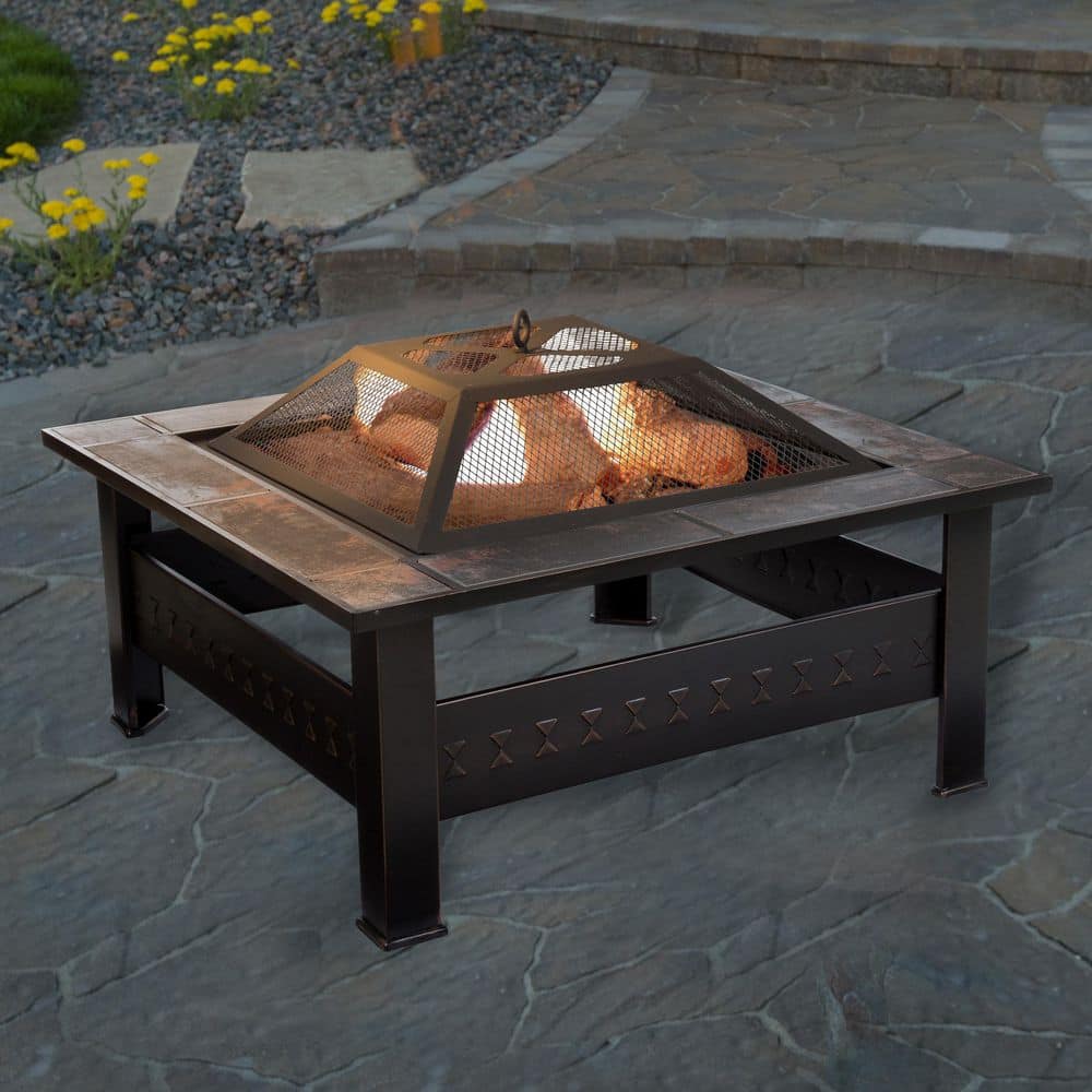 32 in. Steel Square Tile Fire Pit with Cover - Hercitys