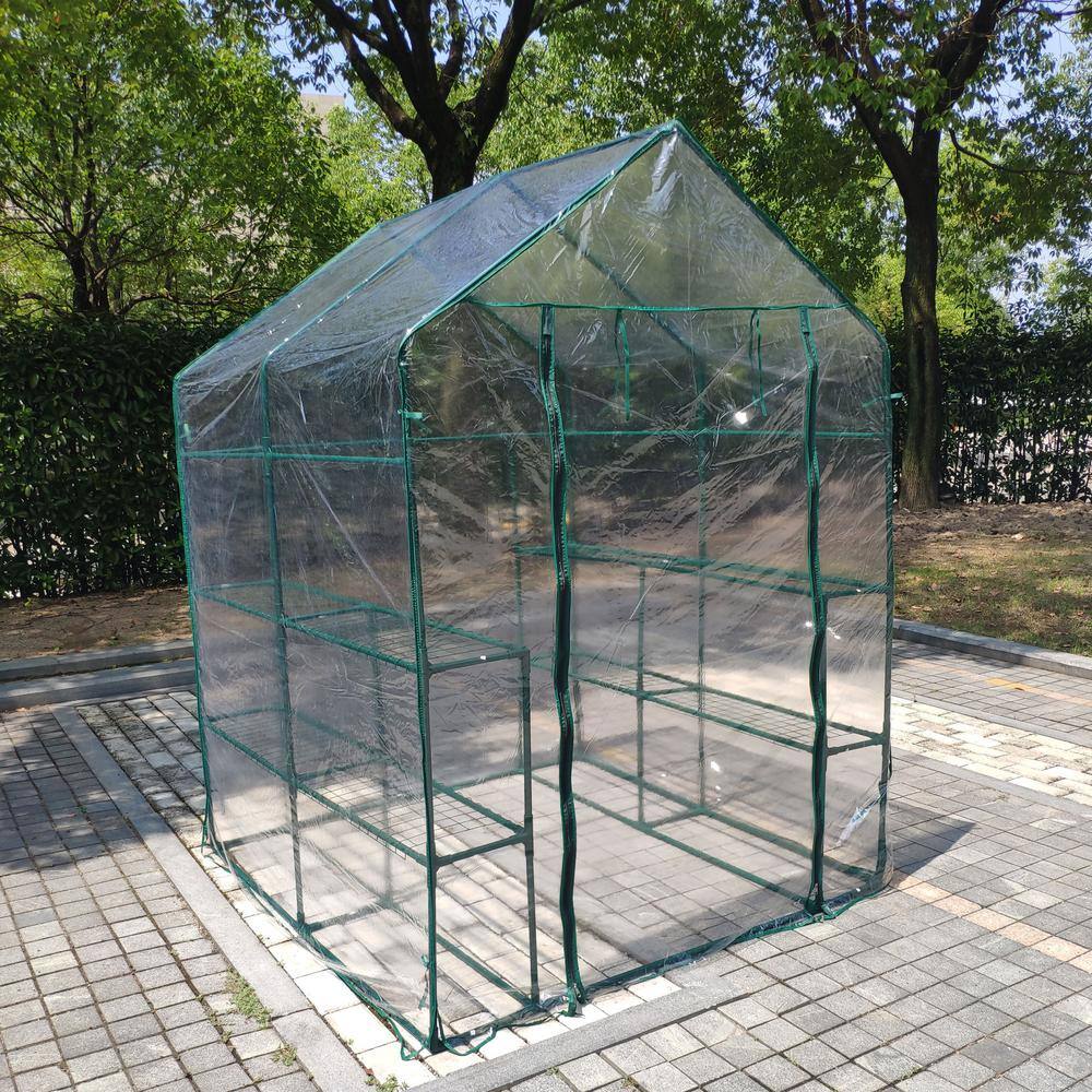 56 in. L x 56 in. W x 76 in. H Mini Walk-in Metal Greenhouse 2-Tier 8-Shelves Transparent - Hercitys