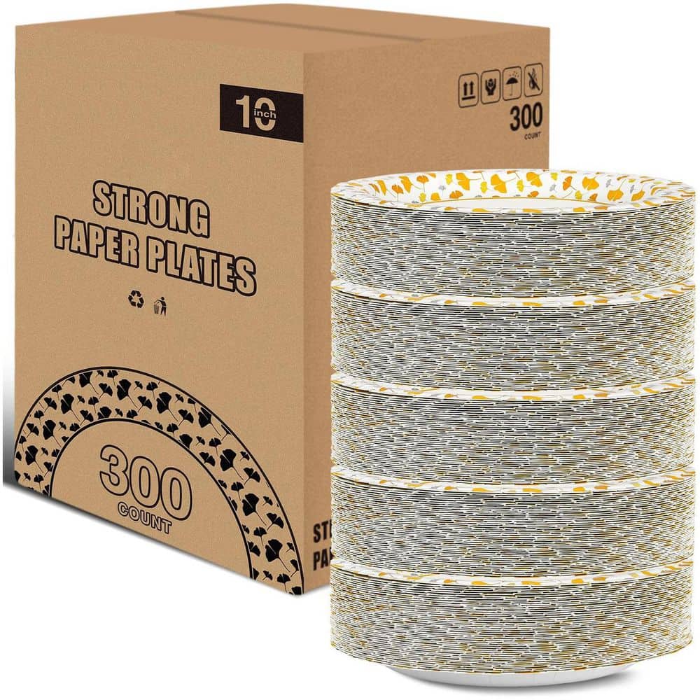 10 in. Disposable Paper Plates with Ginkgo Design, 300 Count Bulk Pack - Hercitys