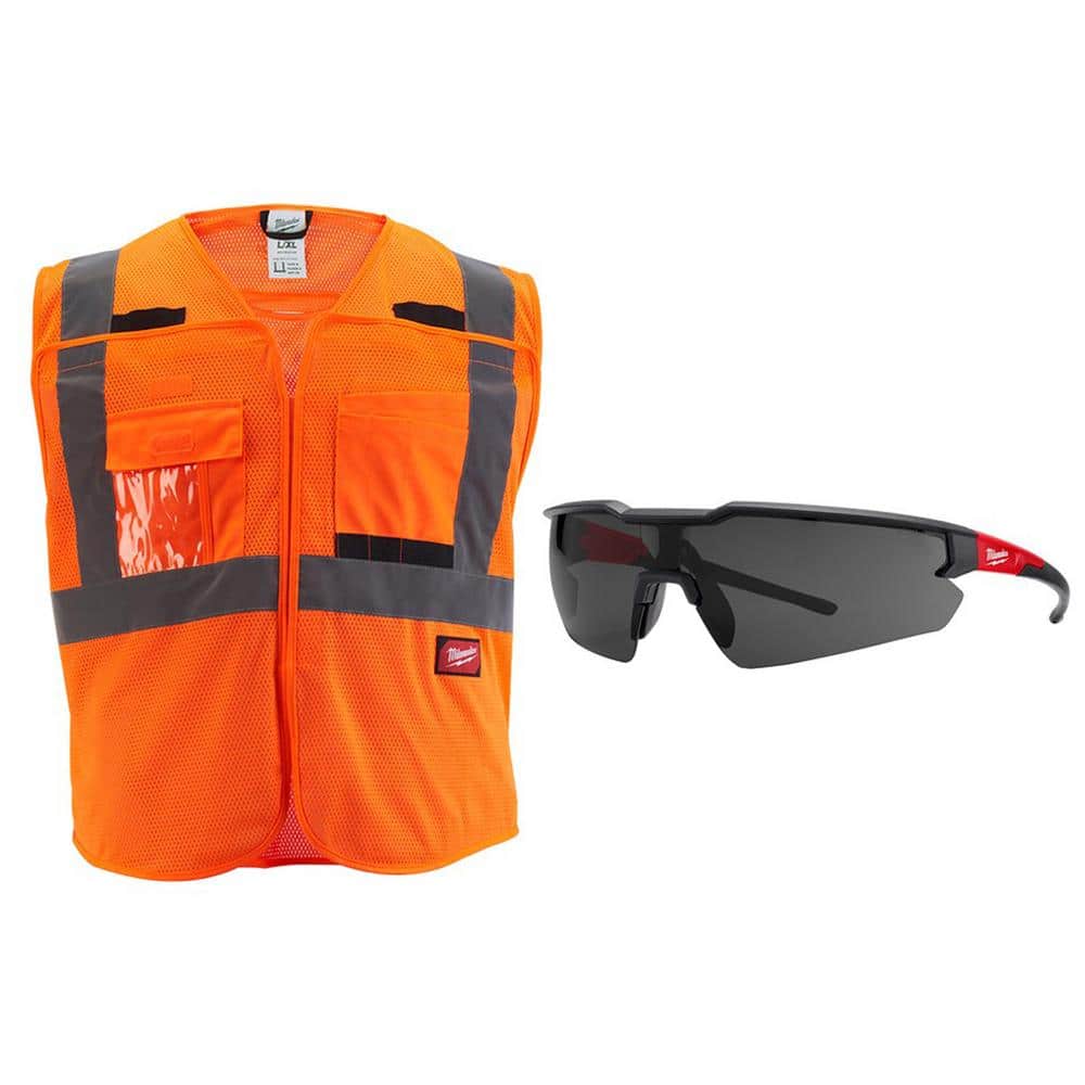 2X/3X-Large Orange Class 2 Breakaway Mesh High Vis Safety Vest and Tinted Anti Scratch Safety Glasses - Hercitys