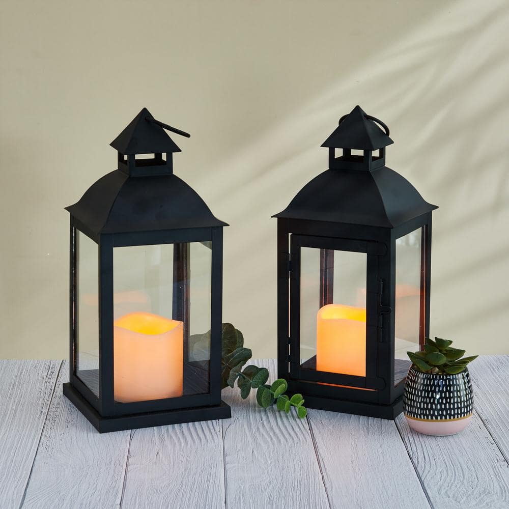(Set of 2) Black Traditional Metal Lanterns 3 in. x 4 in. LED Pillars Included - Hercitys