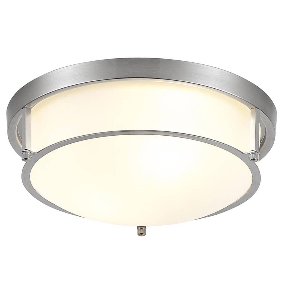 13 in. 2-Light Industrial Brushed Nickel Flush Mount Farmhouse Close to Ceiling Light Fixture with White Glass Shade - Hercitys