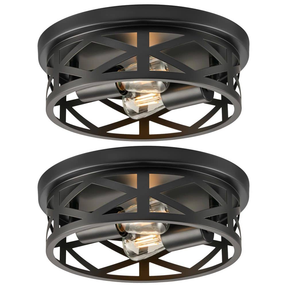 11 in. 2-Light Matte Black Flush Mount Farmhouse Metal Cage Ceiling Lights w/ Adjustable Lamp Holders E26 Bases, 2-Packs - Hercitys