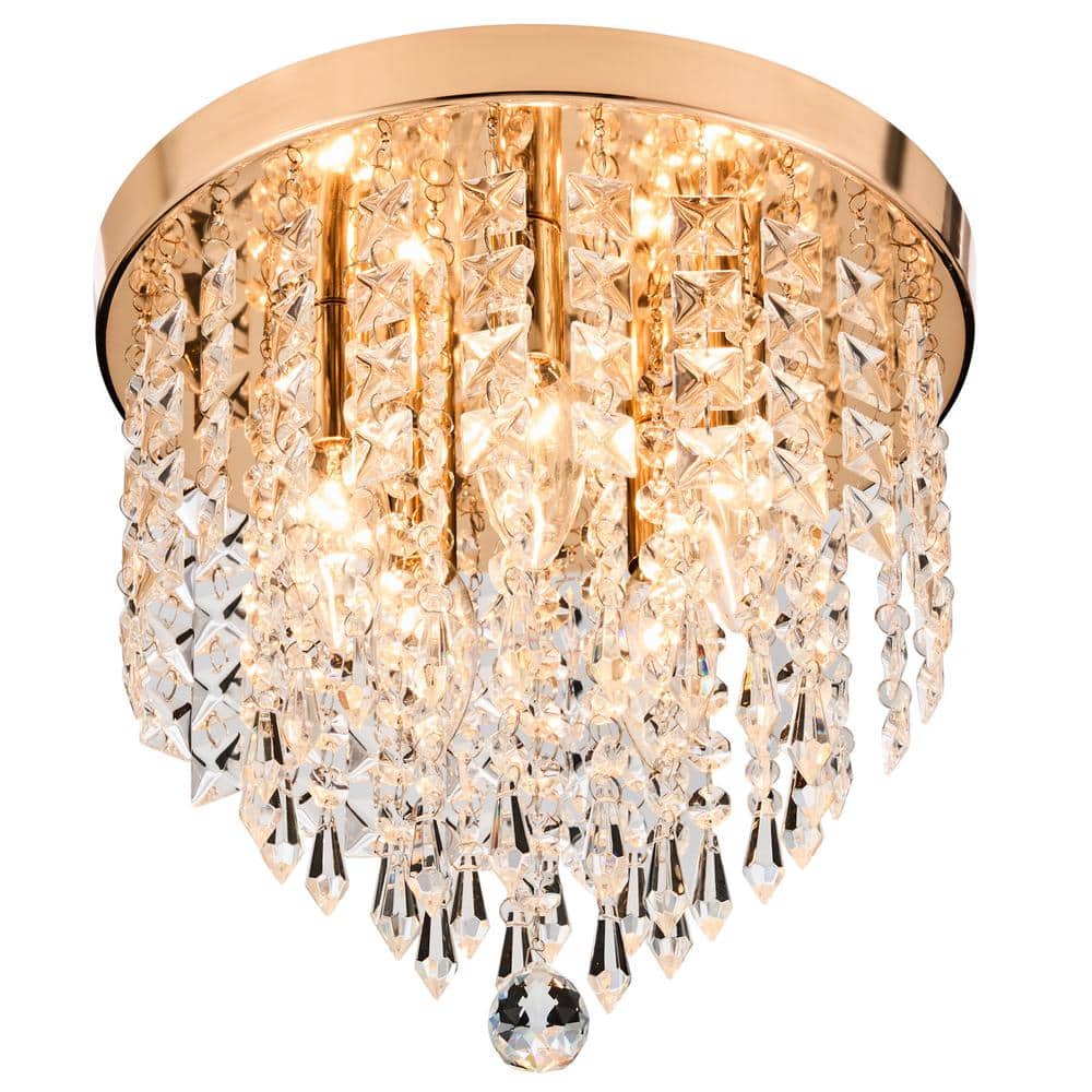 11 in. 5-Light Gold Flush Mount Chandelier with K9 Crystals - Hercitys
