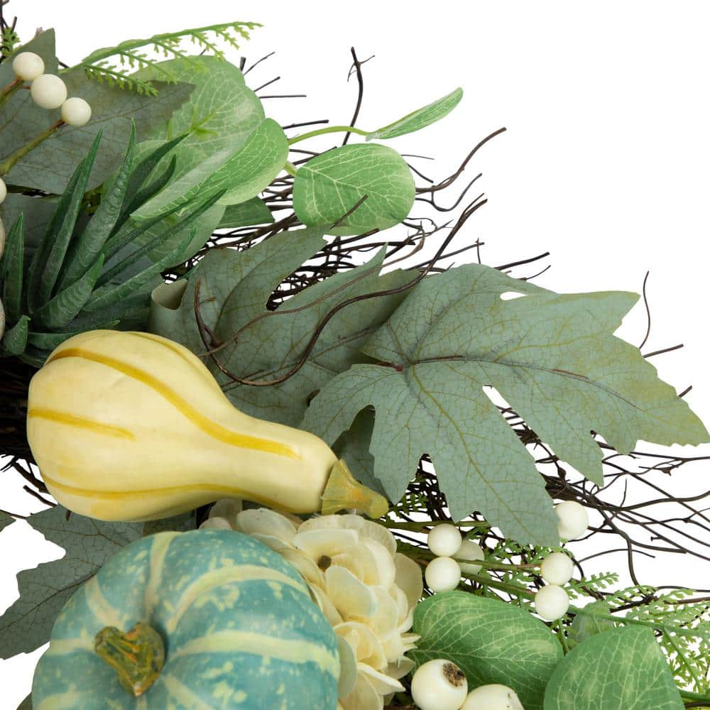 22 in. Green and White Unlit Pumpkins and Berries Fall Harvest Artificial Wreath - Hercitys