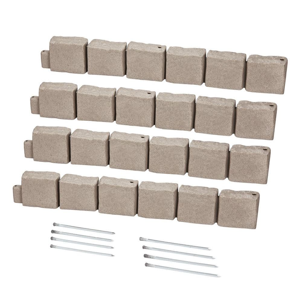 46.8 x 3.9 in. Brown Faux Stone Landscape Edging, Flexible Brick-Sized Garden Border with Anchoring Spikes Polyethylene - Hercitys