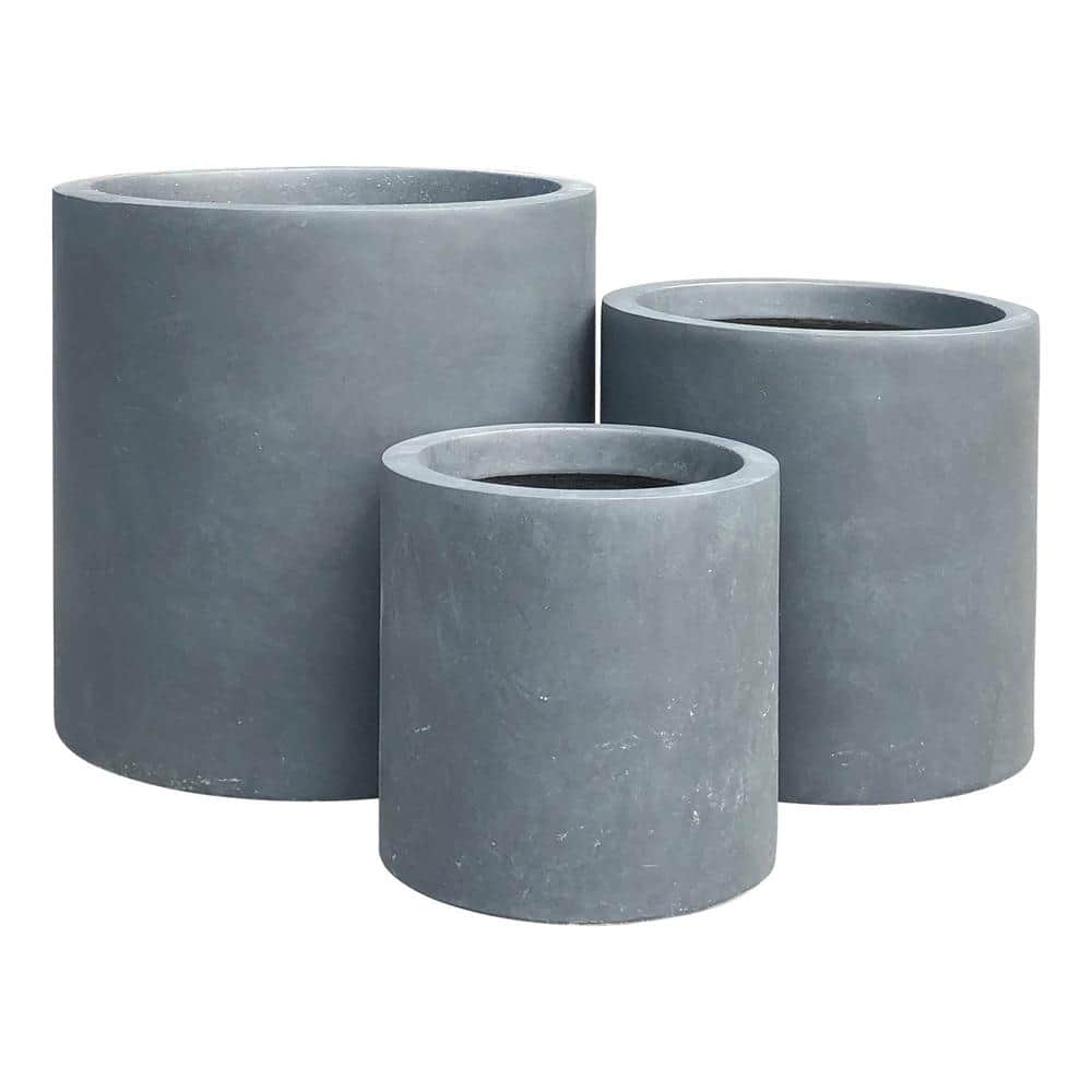 15.8 in., 12.6 in. and 9.8 in. Tall Charcoal Lightweight Concrete Outdoor Modern Cylindrical Planters (Set of 3) - Hercitys