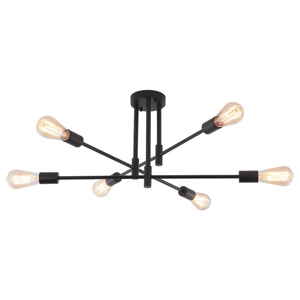 27.56 in. 6-Light Black Sputnik Semi- Flush Mount Ceiling Lights with 360°Rotatable Light Arm - Hercitys
