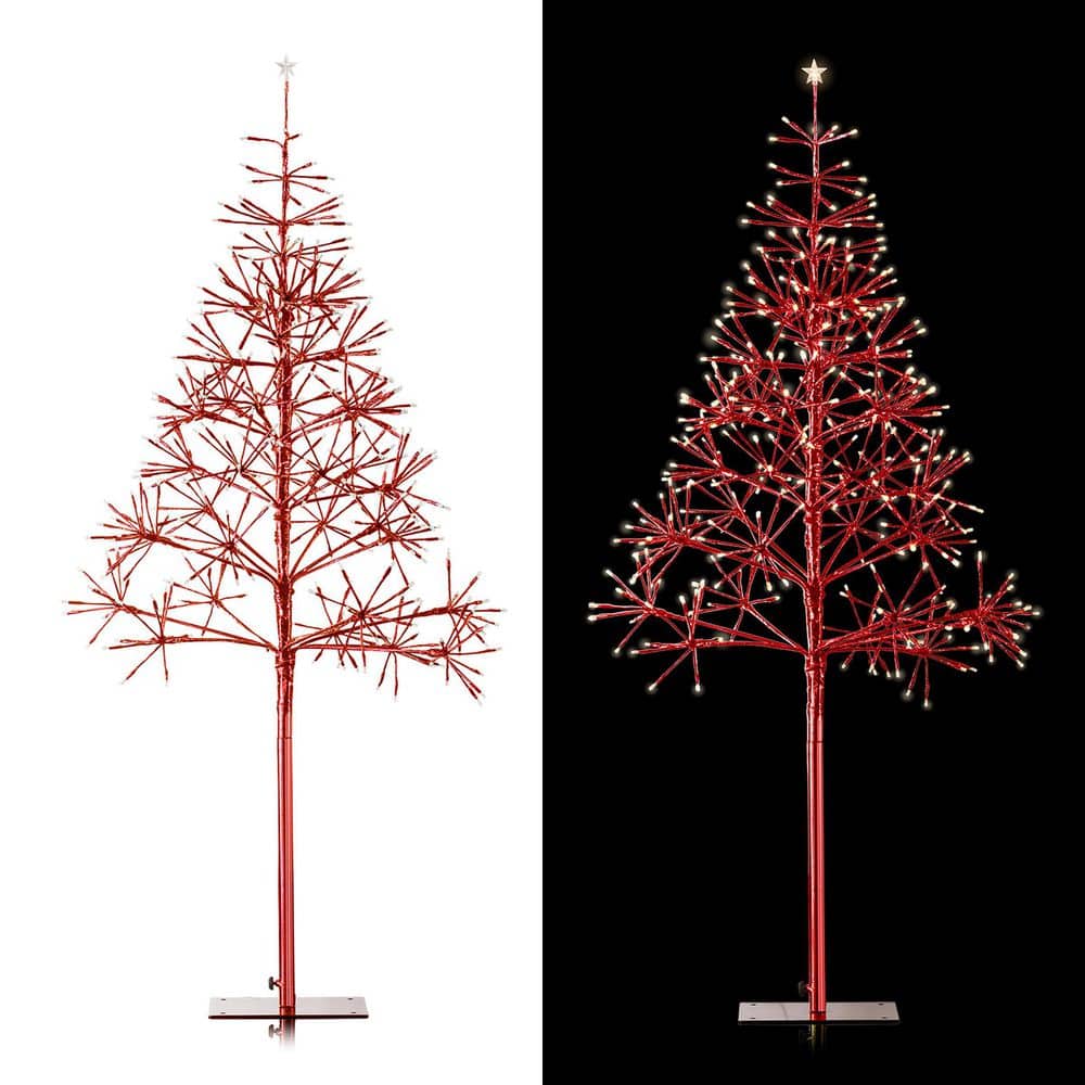 53/61 in. Tall Indoor/Outdoor Artificial Festive Christmas Tree with LED Lights, Red - Hercitys