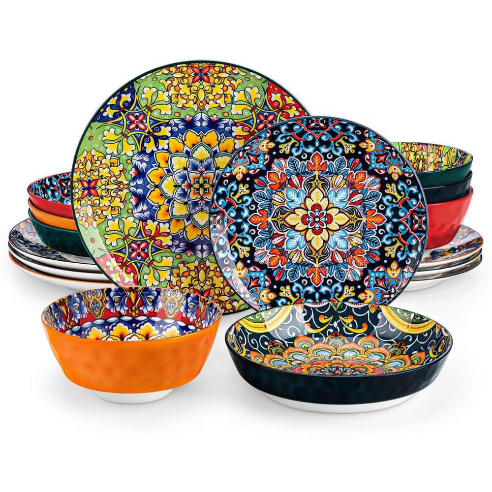 16-Piece Bohemian Multi-Colored Stoneware Dinnerware Set Service for 4-Bowls and Plates Set Tableware - Hercitys
