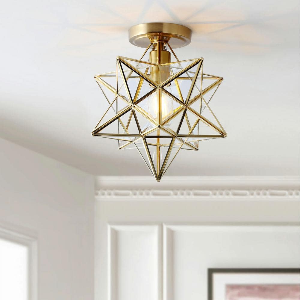 12 in. 1-Light Gold Geometric Moravian Star Semi-Flush Mount with Glass Shade - Hercitys