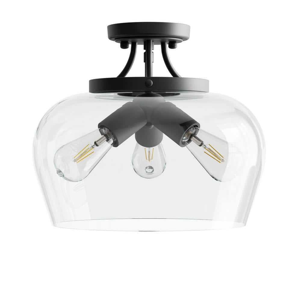 14 in. 3-Light Matte Black Semi-Flush Mount with Clear Glass Shade - Hercitys
