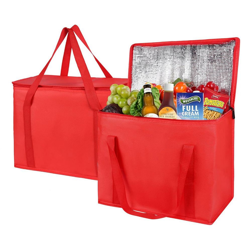 13 qt. XL-Large Insulated Grocery Shopping Bags Red Reusable Heavy Duty Zipped Cooler Tote Collapsible 2-Pack - Hercitys
