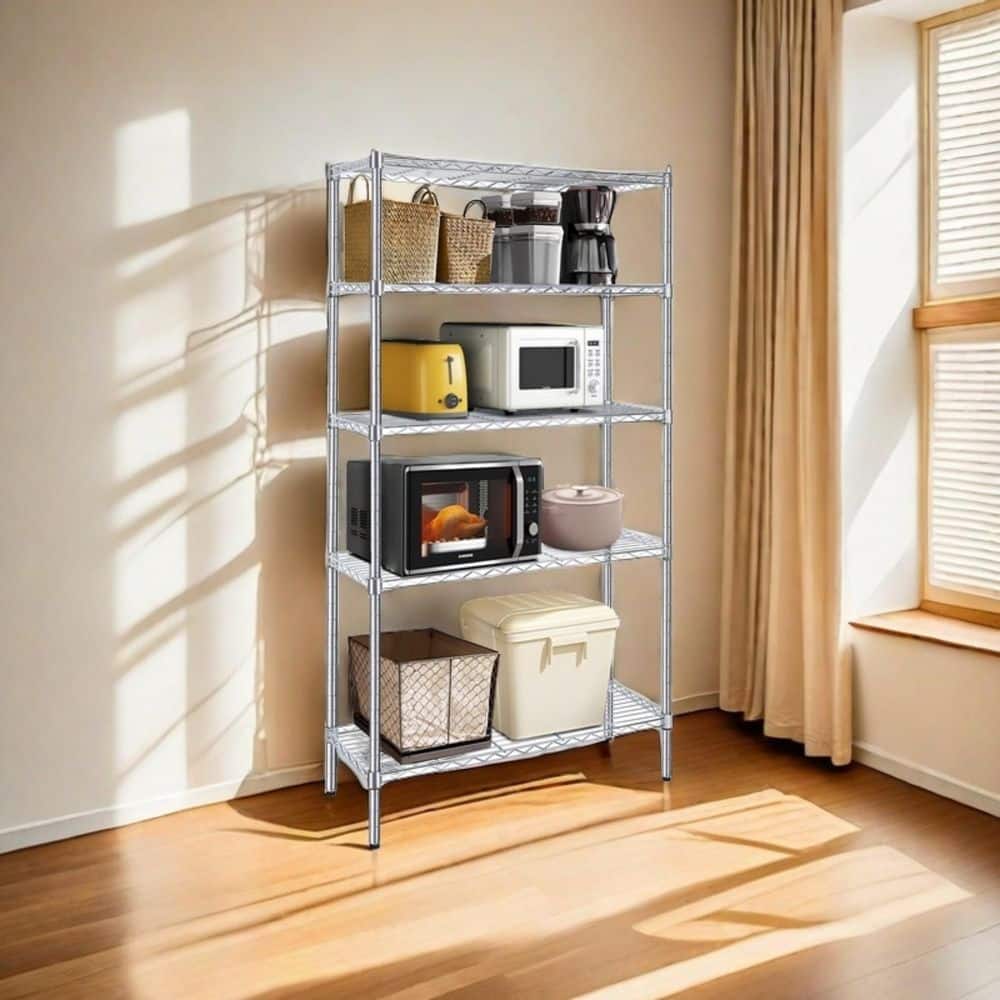 5-Tier Shelving Unit, Wire Metal Stackable Storage, Heavy Duty Shelf for Kitchen, Garage in Chrome - Hercitys