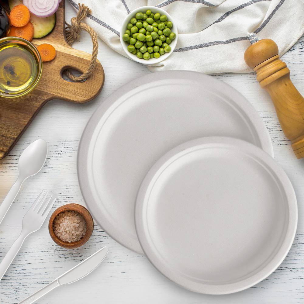 10/7 in. White Compostable Disposable Paper Plate Set Plus Cutlery [25 Guest Service] - Hercitys