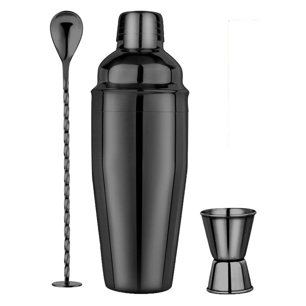 3 in 1 25 oz. Black Stainless Steel 1-Piece Cocktail Shaker with Measuring Jigger and Mixing Spoon - Hercitys