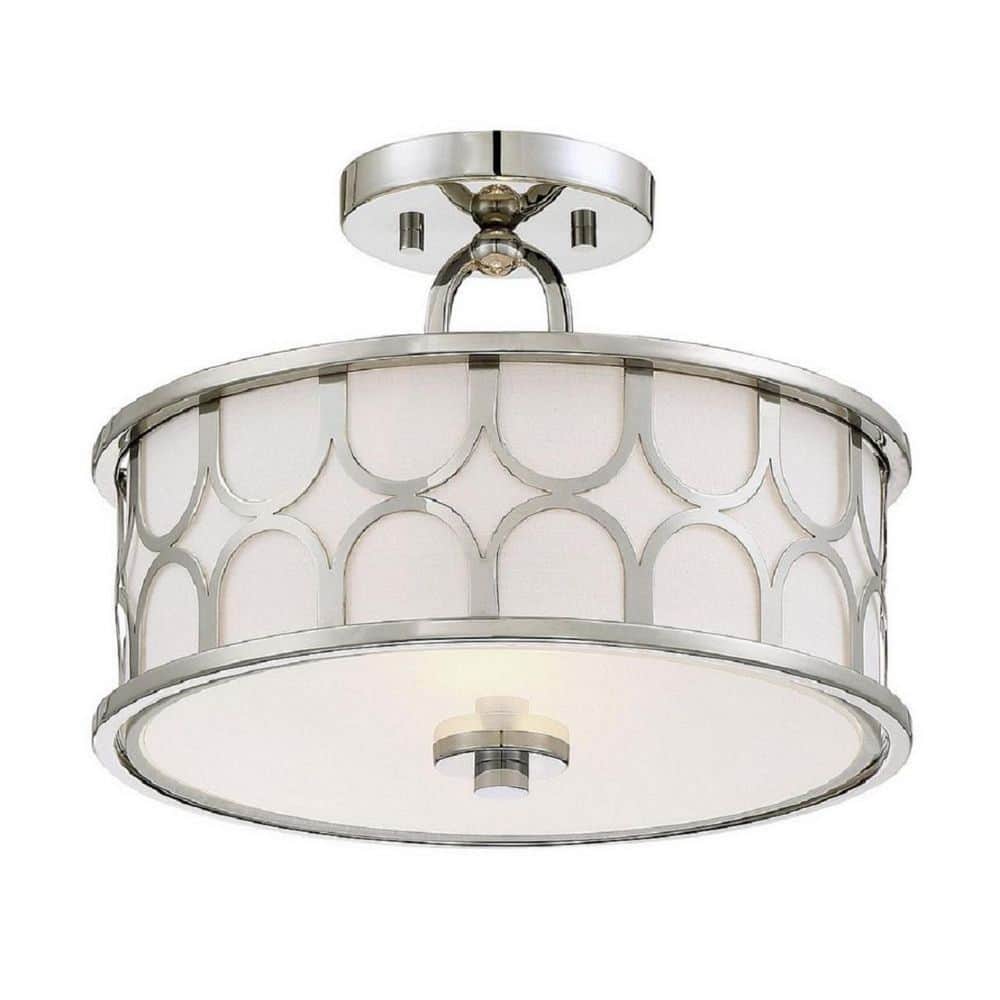 13 in. W x 10 in. H 2-Light Polished Nickel Semi-Flush Mount with White Fabric Shade and Geometric Metal Frame - Hercitys