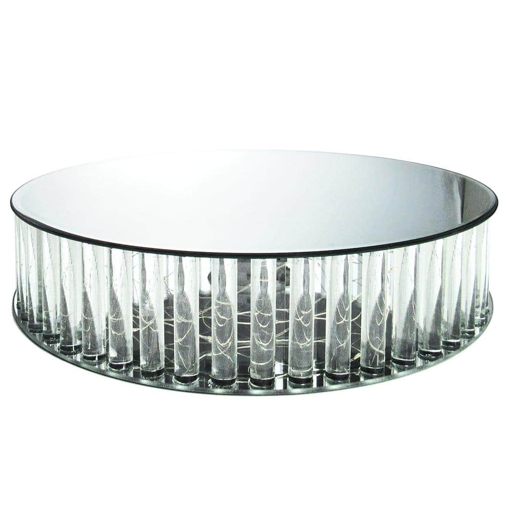 1-Tier Clear Round Mirror LED Fairy Light Up Glass Columns Cake Stand Dessert Display Tray 16 in. - Hercitys