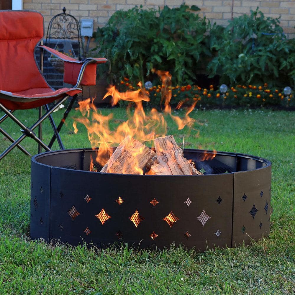 36 in. Round Heavy-Duty Steel Diamond Wood Burning Fire Pit Ring - Hercitys