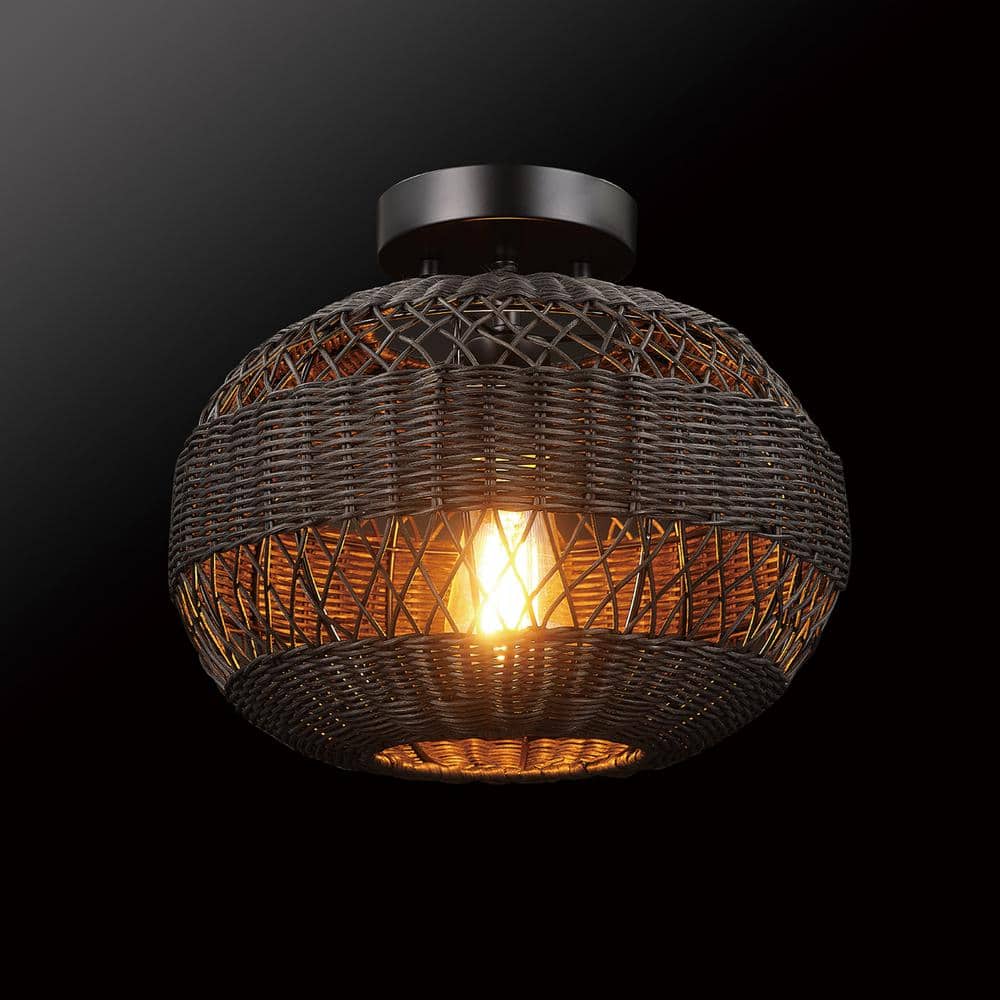 12 in. 1-Light Matte Black Farmhouse Semi-Flush Mount with Rattan Shade and No Bulbs Included - Hercitys