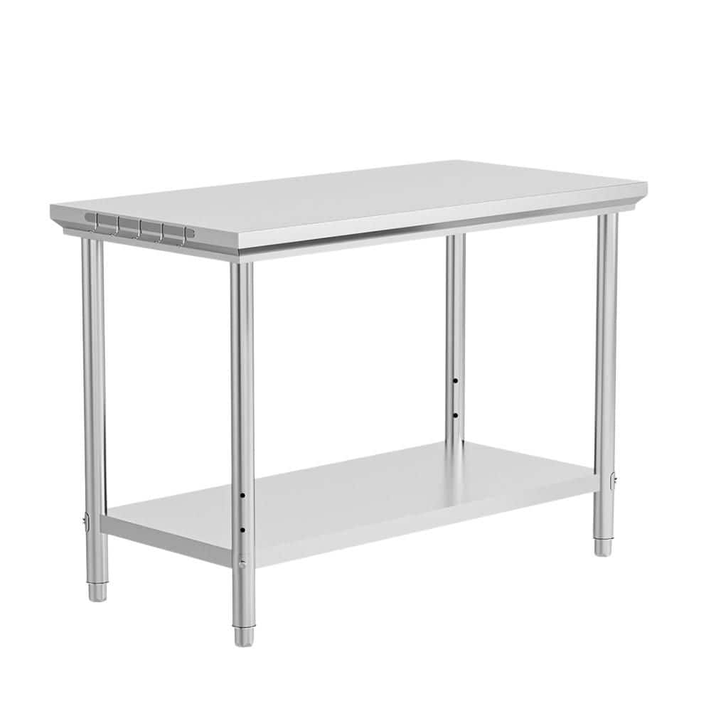 48 x 24 in. Silver Stainless Steel Kitchen Prep Table with Hooks and Adjustable UnderShelf - Hercitys