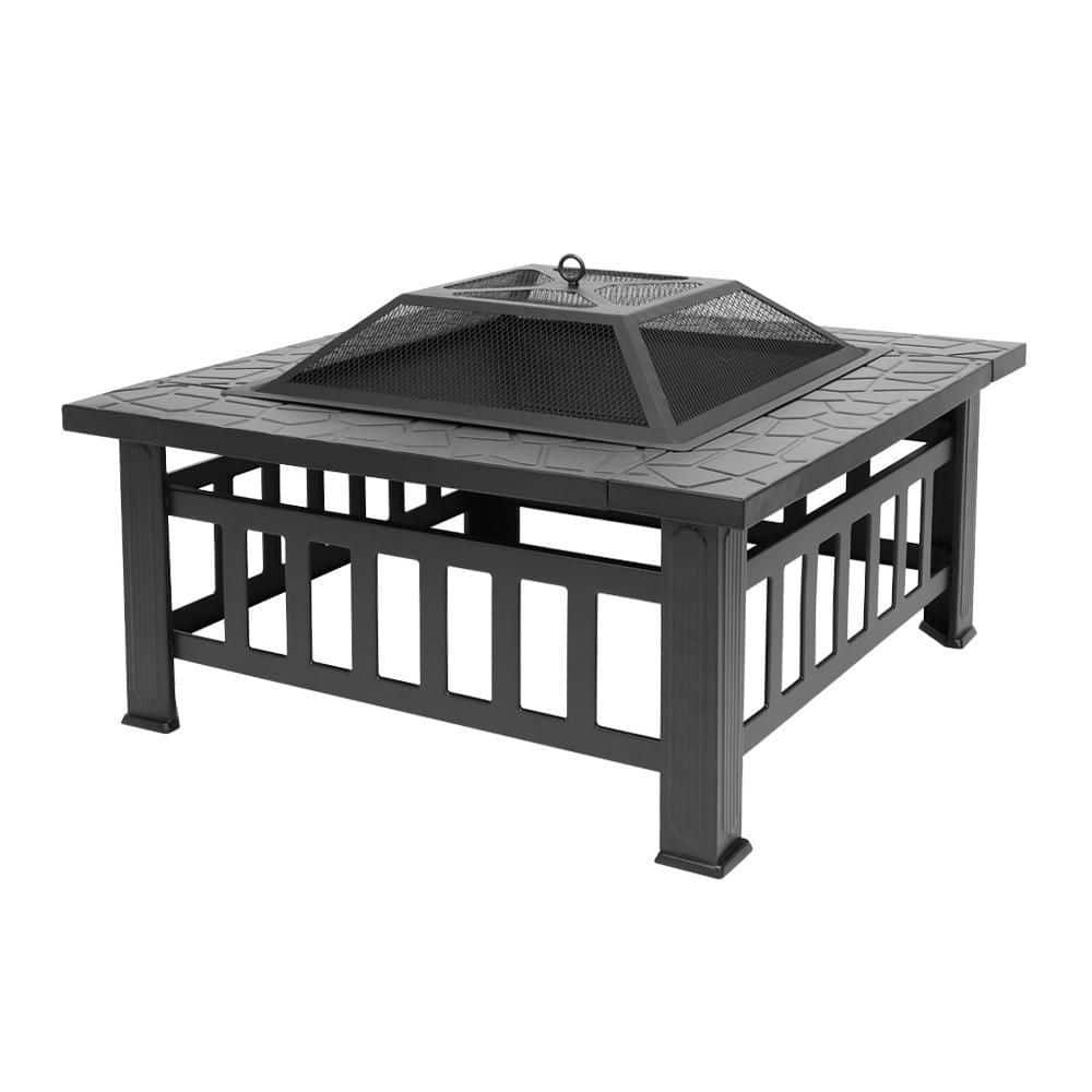 32 in. W x 14 in. H Square Metal Wood Burning Fire Pit Table in Black - Hercitys