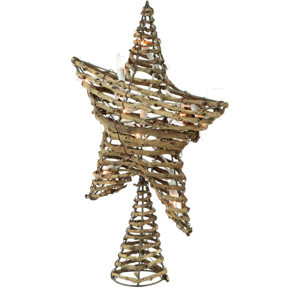 11.5 in. Natural Brown Rattan Star Christmas Tree Topper – Clear Lights - Hercitys