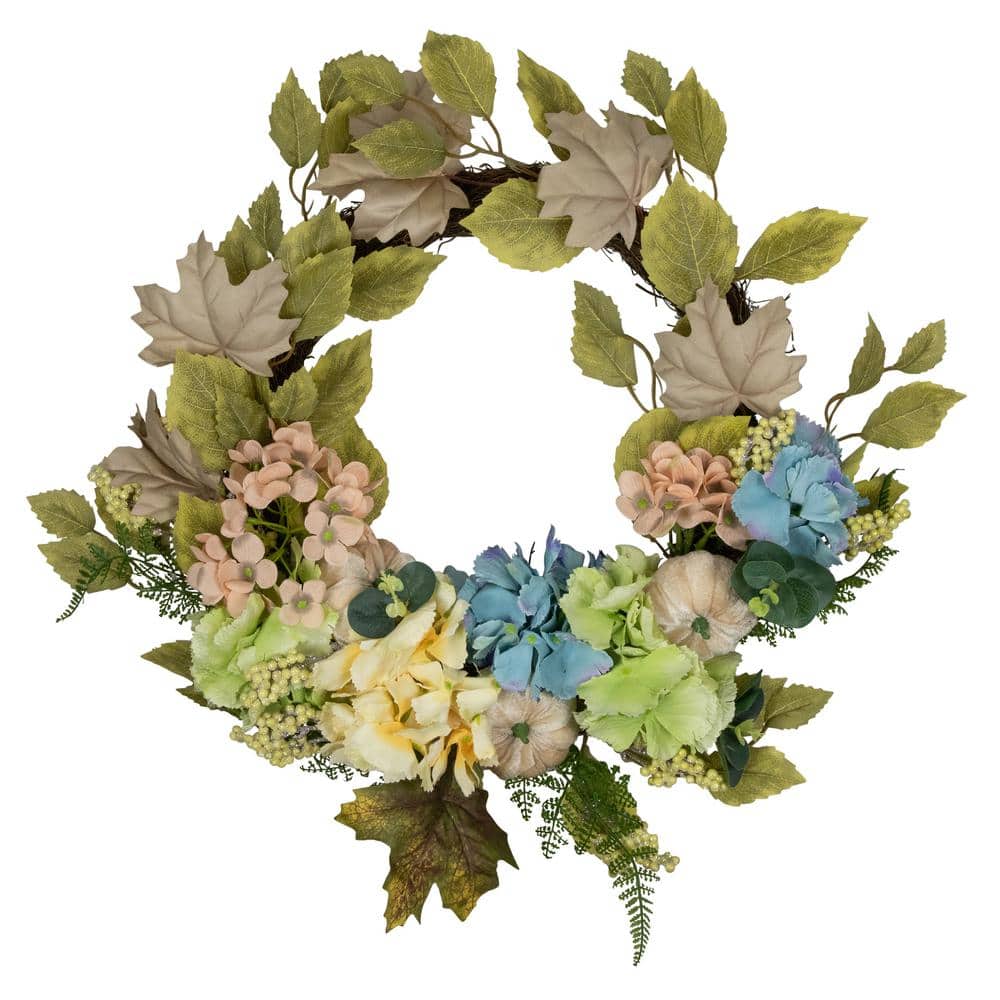 22 in. Green and Blue Floral and Gourds Thanksgiving Artificial Wreath - Hercitys