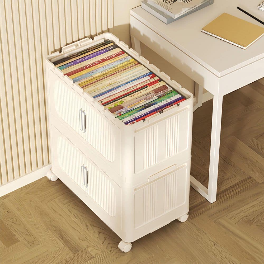 5 Tiers Kitchen Pantry, Folding Storage Cabinet, Collapsible Storage Bins with Magnetic Door and Wheels in Cream White - Hercitys