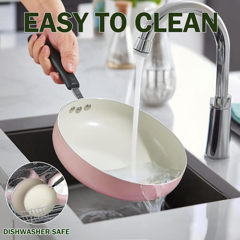 10-Piece Ceramic Aluminum Nonstick Kitchen Cookware Sets, Pink - Hercitys