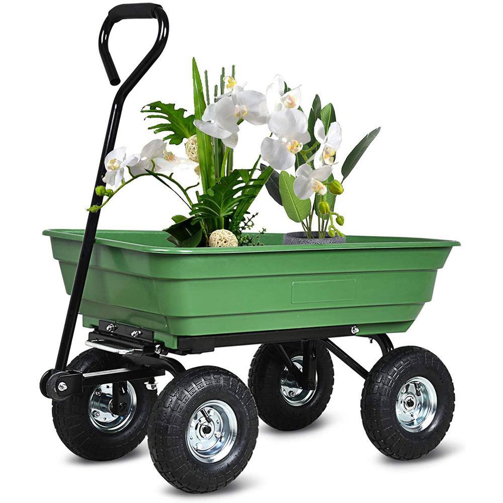 1.94 cu. ft. Heavy Plastic Garden Cart Folding Car Dump Truck in Green w/Steel Frame Pneumatic Tire, 300 lbs. Capacity - Hercitys