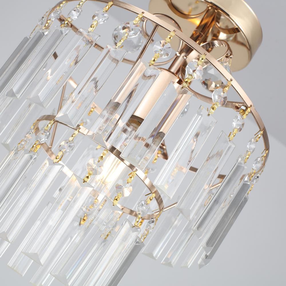 10.62 in. 1 Light Gold Modern Round Semi-Flush Mount Ceiling Light with Clear Crystal Shade and No Bulbs Included - Hercitys