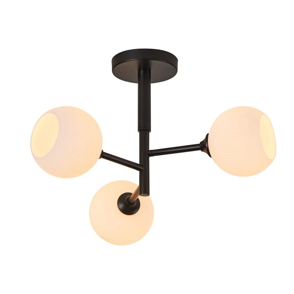 19 in. 3-Light Black Semi-Flush Mount with Frosted Opal White Ribbed Glass Shade - Hercitys