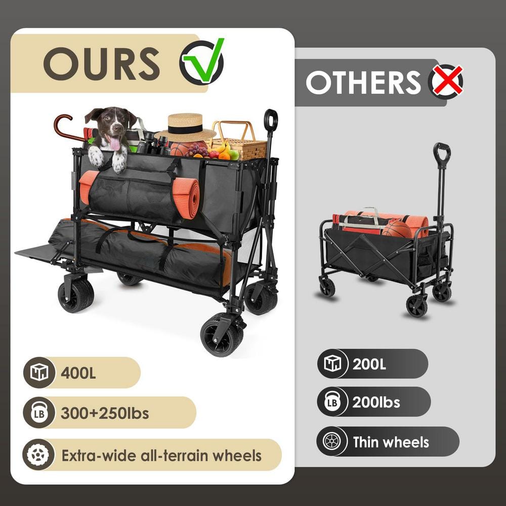10 cu. ft. Black Metal Garden Cart Double Decker Wagon Cart with Wheels Foldable, 400 l Large Capacity Collapsible Wagon - Hercitys