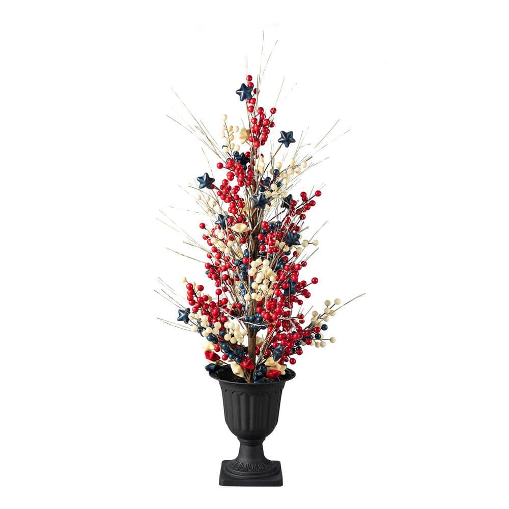 36 in. H Patriotic / Americana Lighted Berry and Stars Urn Porch Tree, 20 Warm White Lights with Timer - Hercitys