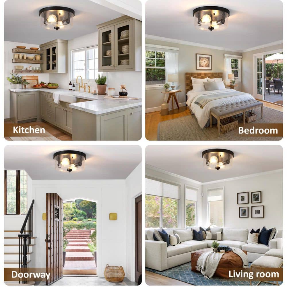 10.63 in. 2-Light Matte Black Flush Mount with Seeded Glass Drum Shade(2-Pack) - Hercitys