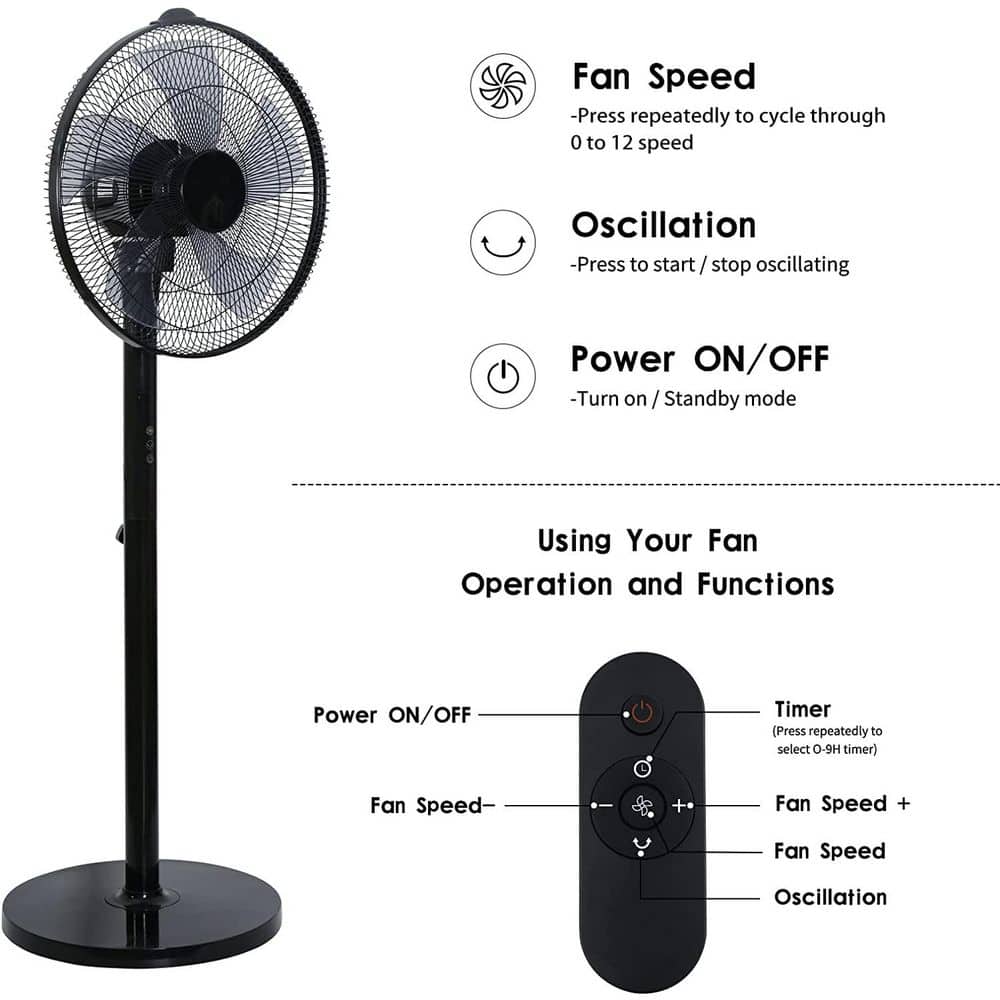 14.5 in. 12-Fan Speeds Pedestal Fan in Black with 90° Wide Oscillation, Remote Control, Timer - Hercitys