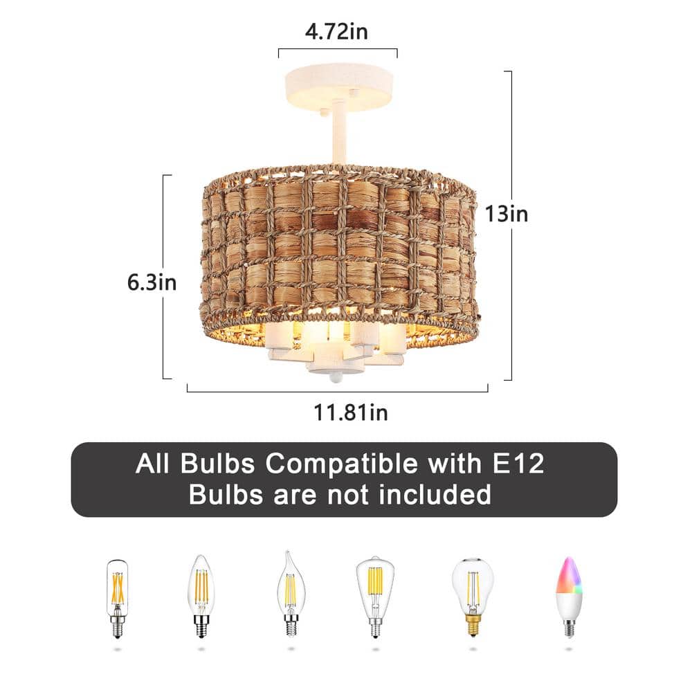 11.81 in. 4-Light Distressed White Drum Natural Rattan Seagrass Semi Flush Mount Ceiling Light with No Bulbs Included - Hercitys