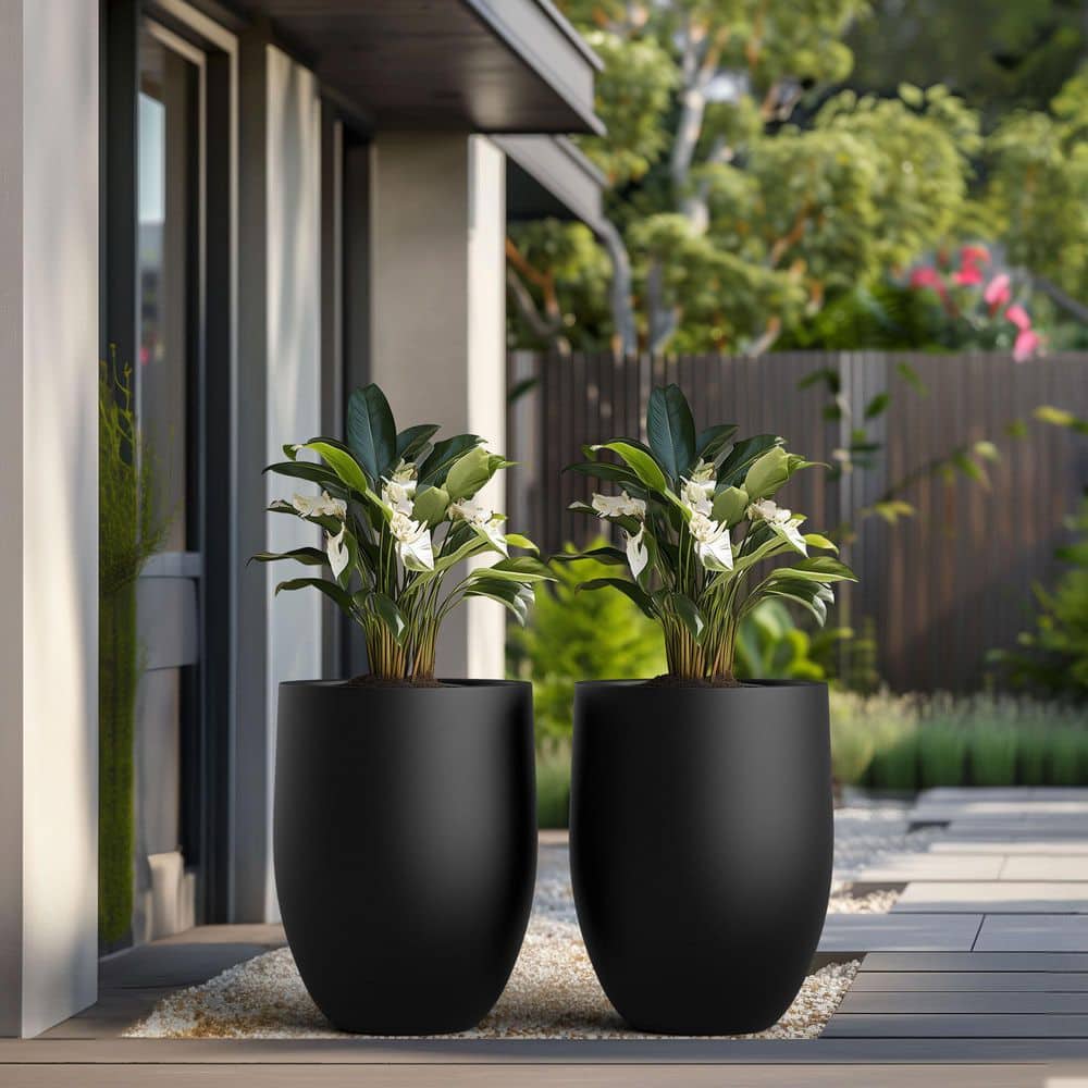 16 in. Dia Charcoal Black Large Tall Round Concrete Planter / Garden Plant Pot for Indoor and Outdoor (Set of 2) - Hercitys