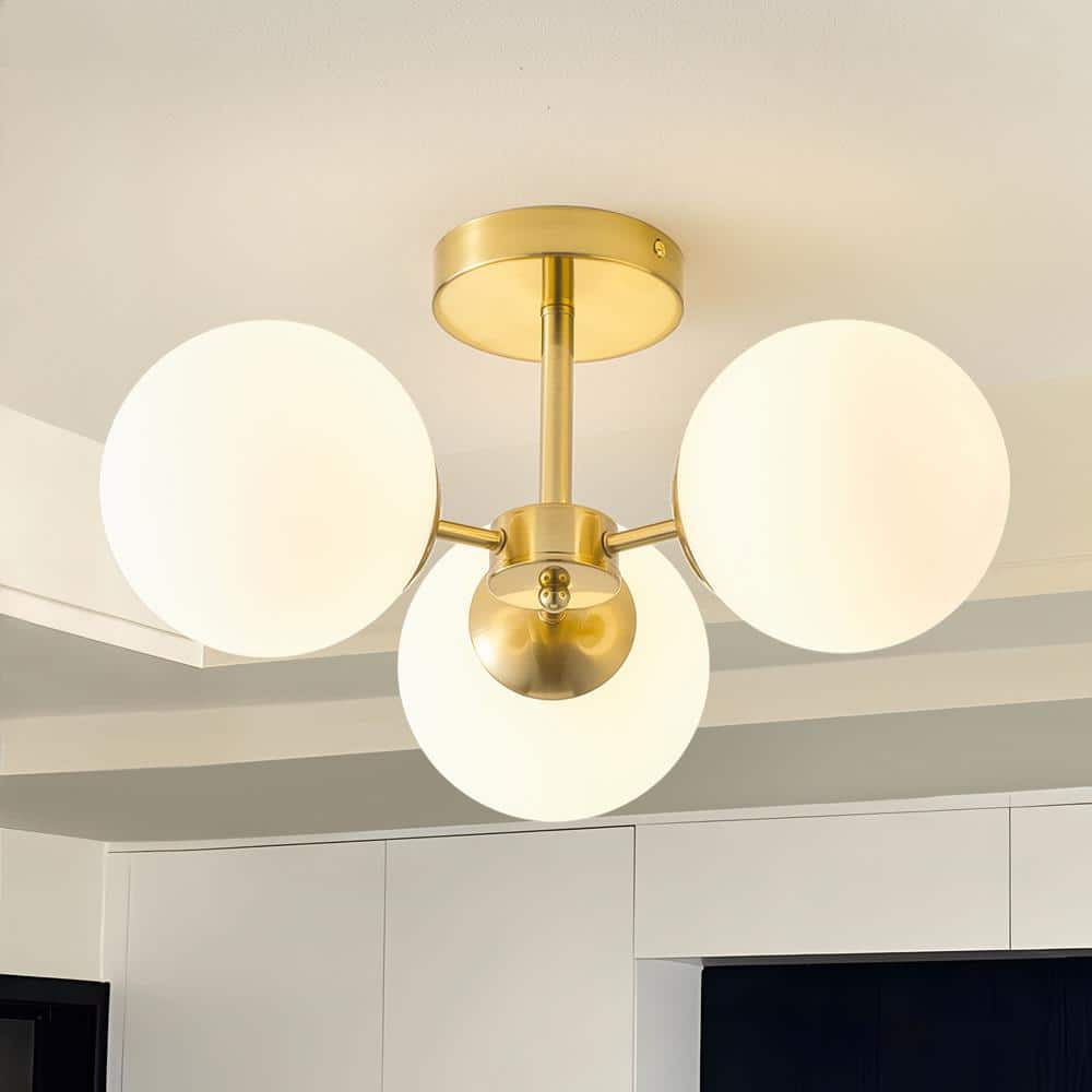 14.57 in. 3-Light Gold Modern/Contemporary Semi-Flush Mount Ceiling Light with White Globe Shade for Kitchen and Hallway - Hercitys