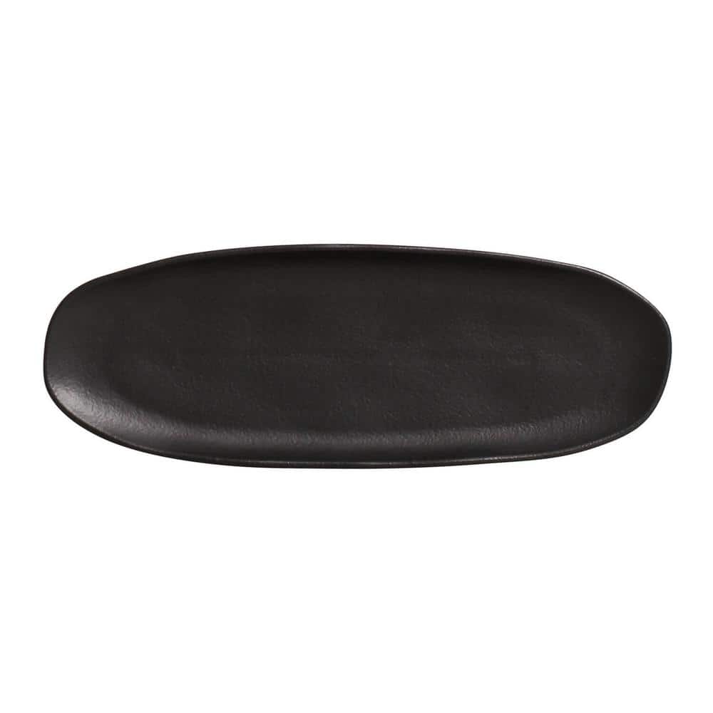 14.17 in. Matte Black Stoneware Shallow Oval Platter Large Organic (Set of 4) - Hercitys
