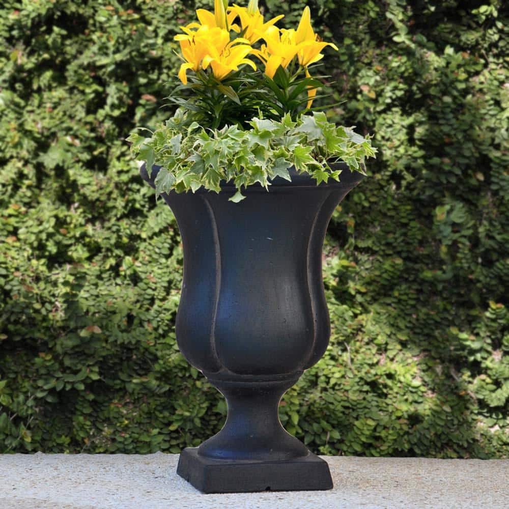 12 in. x 17 in. Cast Stone Fiberglass Sol Urn on Square Base in Aged Charcoal - Hercitys