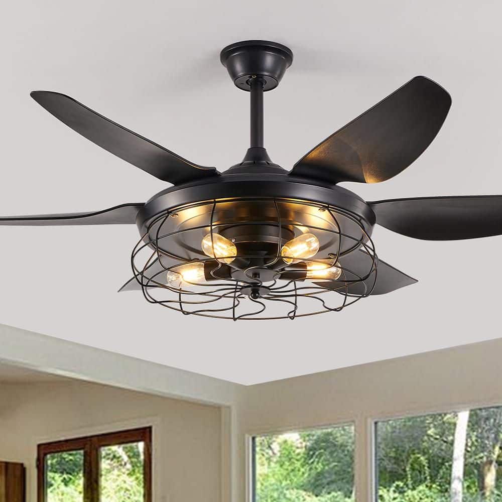52 in. 5-Light Vintage Indoor Matte Black Caged Ceiling fan with Light Kit, Remote, 6-Speeds, Silent - Hercitys